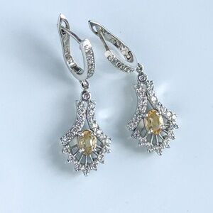 925 Sterling Silver Rhodium-Plated Citrine & CZ Drop Earrings | 1” Leverback